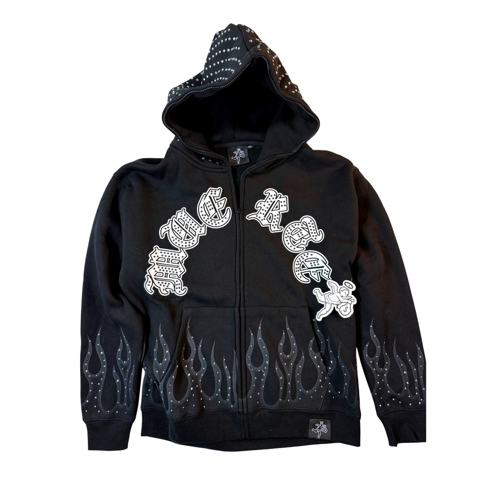 Hasta Muerte Streetwear Hoodie Mens XL Blk Rhinestone Hood Old English Angel NWT